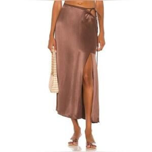REVOLVE Brown Satin Midi Skirt with Side Slit